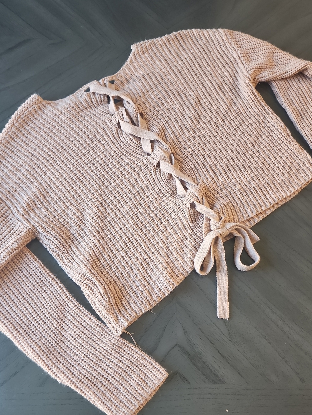 Forever 21 Tan Braided Tie-Back Cropped Knit Sweater Size S